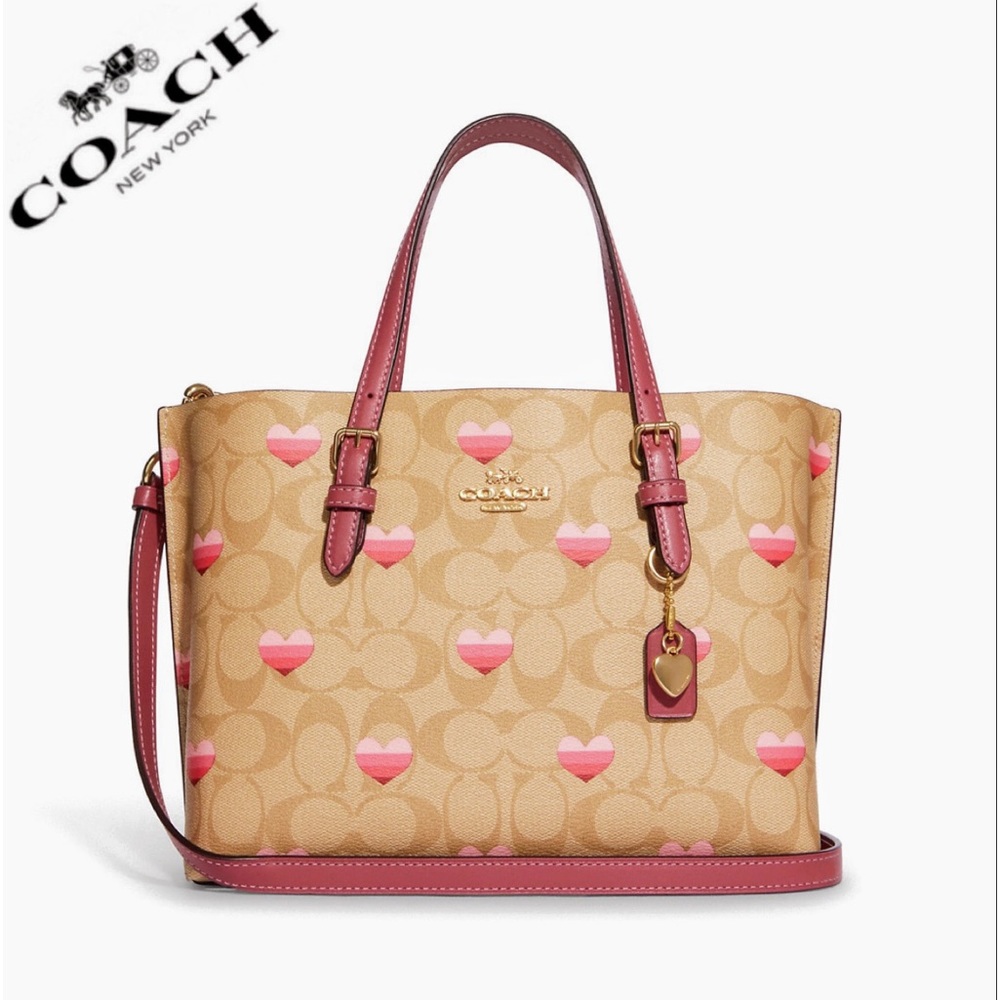 NWT COACH MOLLIE TOTE 25 IN SIGNATURE CANVAS STRIPE HEART PRINT GOLD/LIGHT KHAKI - Picture 1 of 12